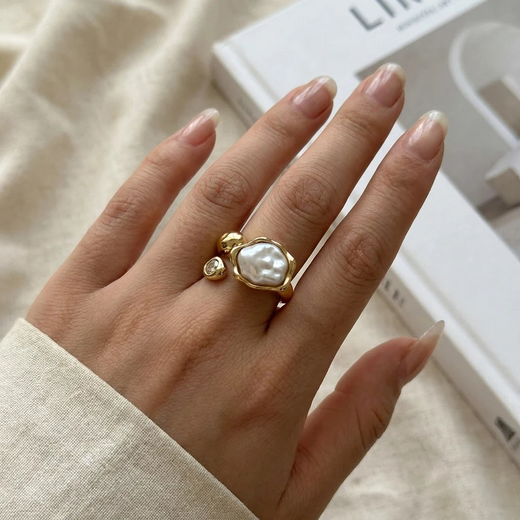 Chunky Vintage Baroque Pearl Gold Ring for Women Waterproof Stainless