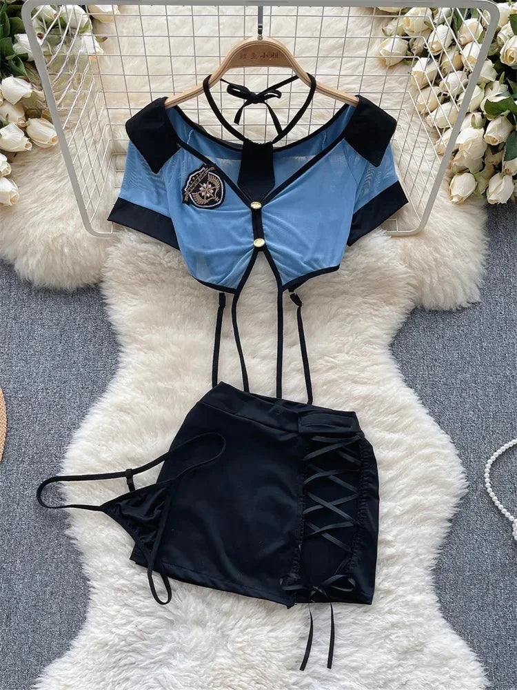 Neck Sheer Top+Lace Up Mini Skirt