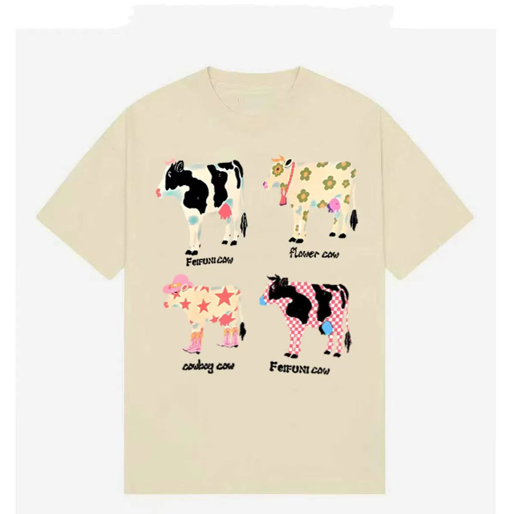 Cute Cartoon Cow Graphic T-shirt Women Unisex Top Casual Loose Y2k