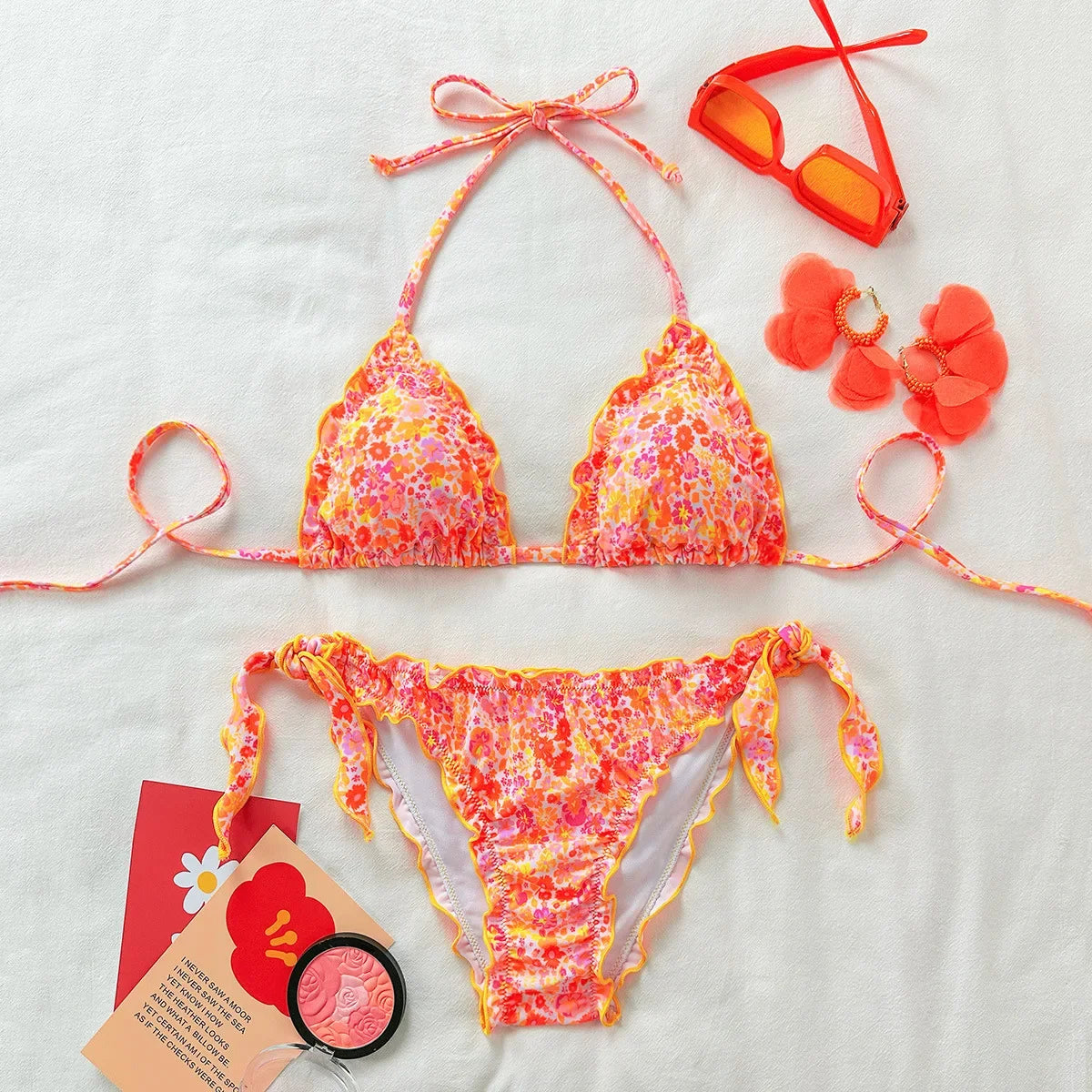 Cute Bikini Set Up Tie Side Thong Swimsuit Bathing Suit