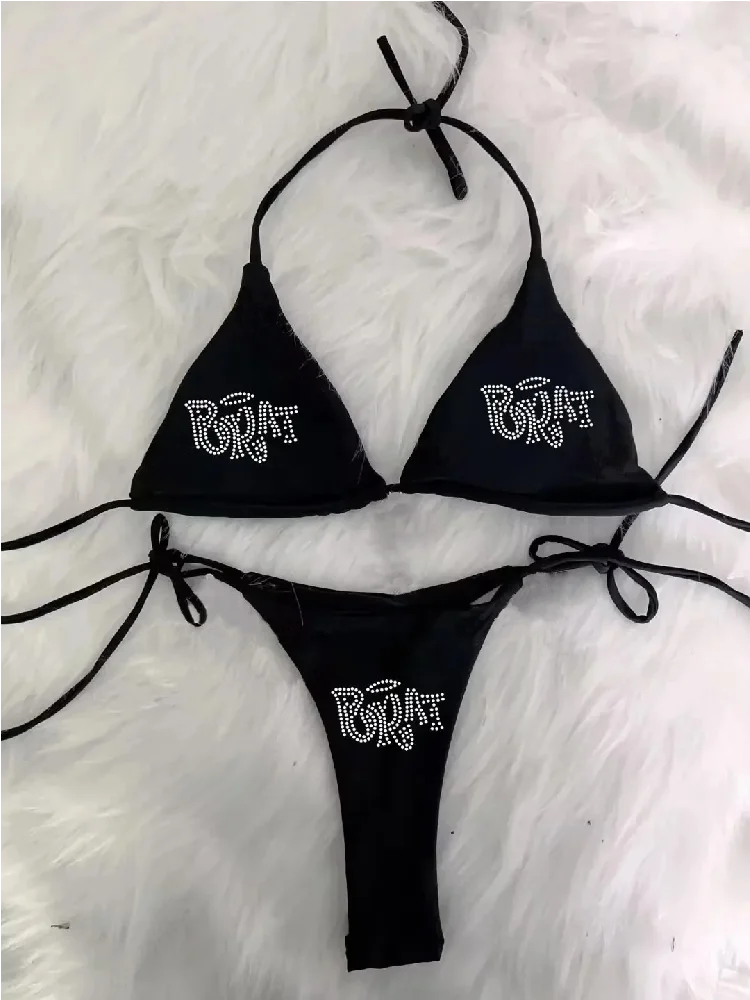 2000s Woman Punk New Beach Swimwear gothic clothes BRAT Rhinestone