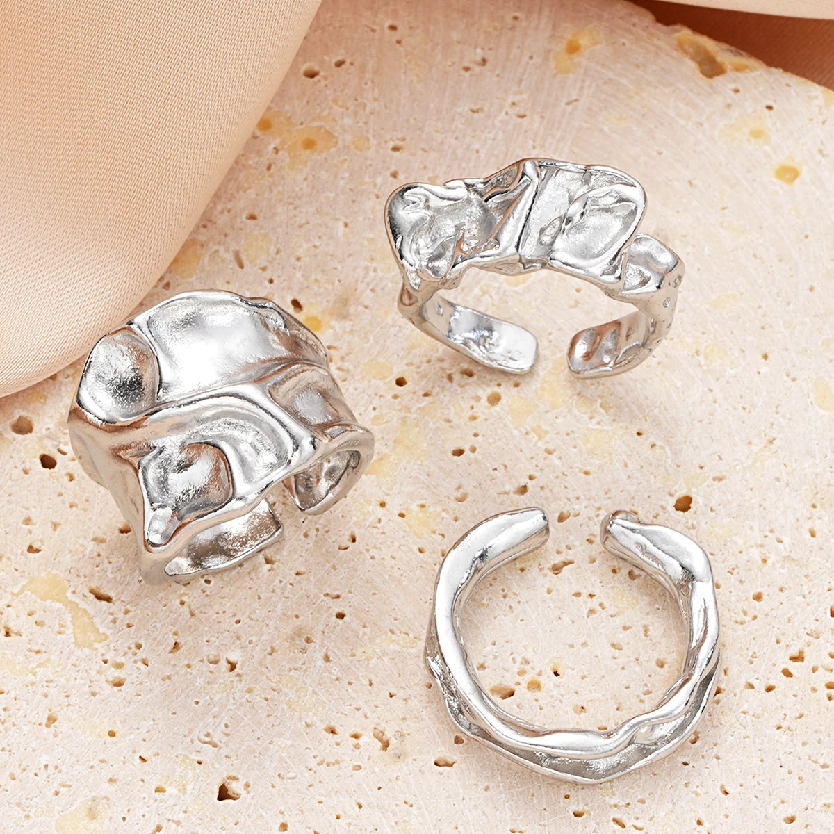 3 Pcs Punk Chunky Irregular Rings Set for Women Creative Geometric