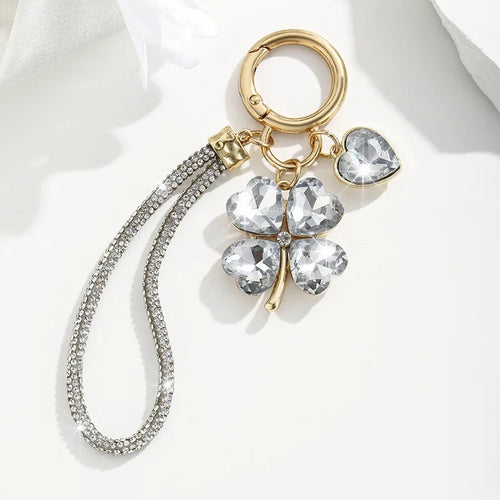 Four Leaf Clover Keychain for Women Rhinestone Bag Charm with Wrist