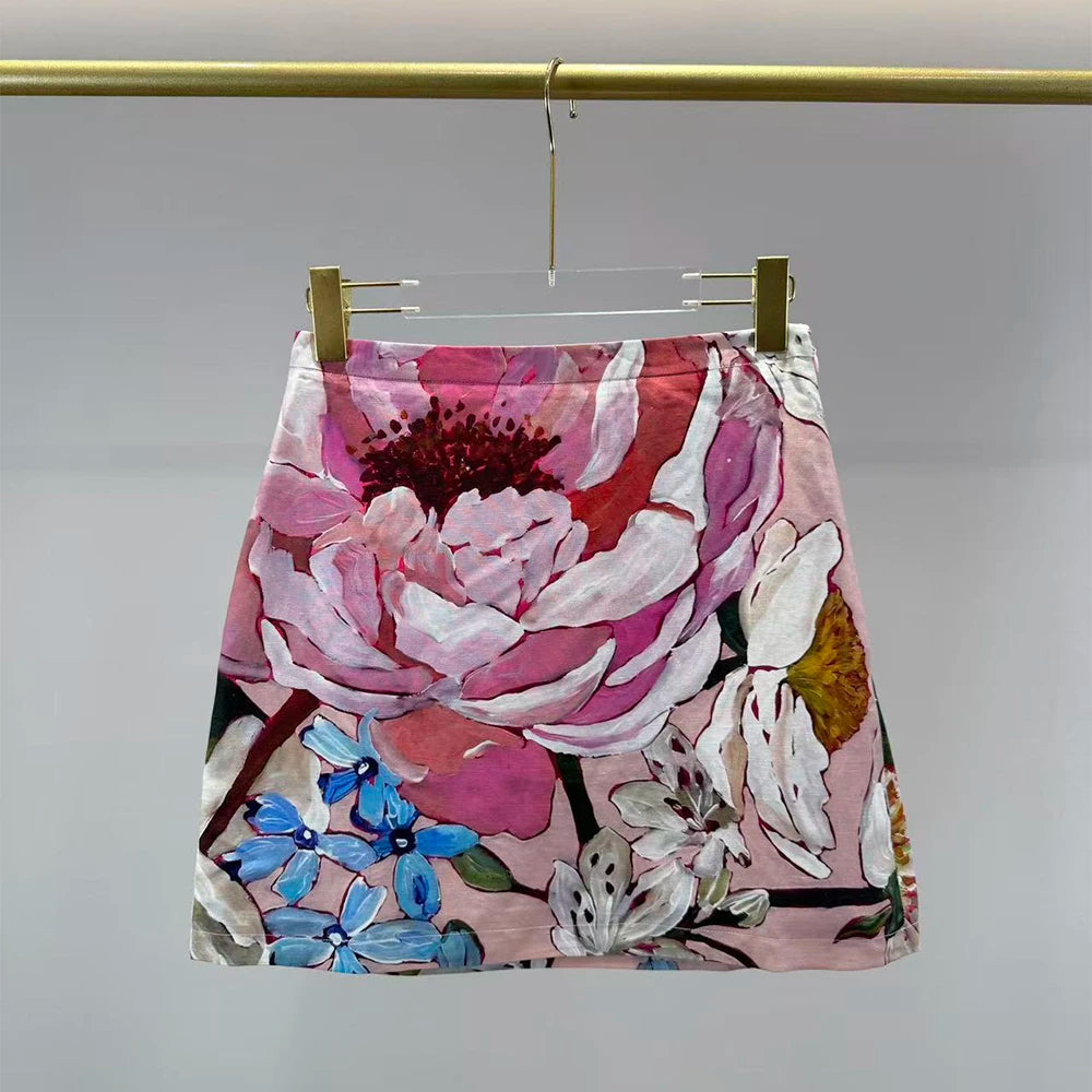 Women's Oil Painting Floral Print Mini Skirt High Waist A-Line Short