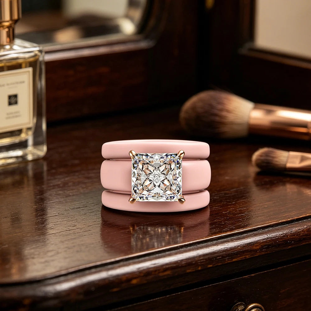 Princess Cut CZ Ring with 3-Layer Pink Silicone Band, Modern Chunky