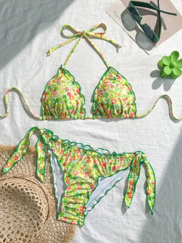 Cute Bikini Set Up Tie Side Thong Swimsuit Bathing Suit