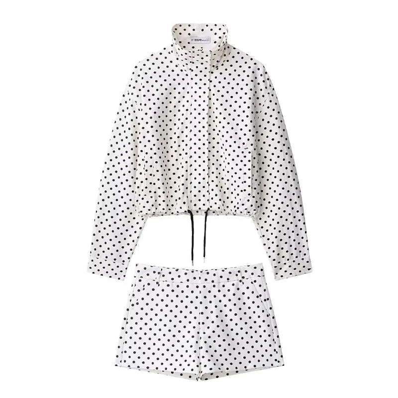 Polka Dot Print Short Long Sleeves Turtleneck Zipper With Pockets Drawstring