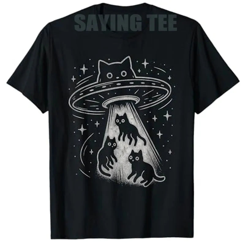Cat UFO Space Spaceship Alien Aesthetic T-Shirt Y2k Space-Ship Novelty Tee