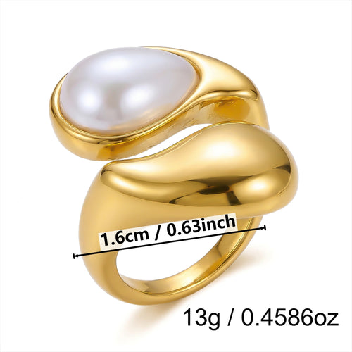 Chunky Vintage Baroque Pearl Gold Ring for Women Waterproof Stainless