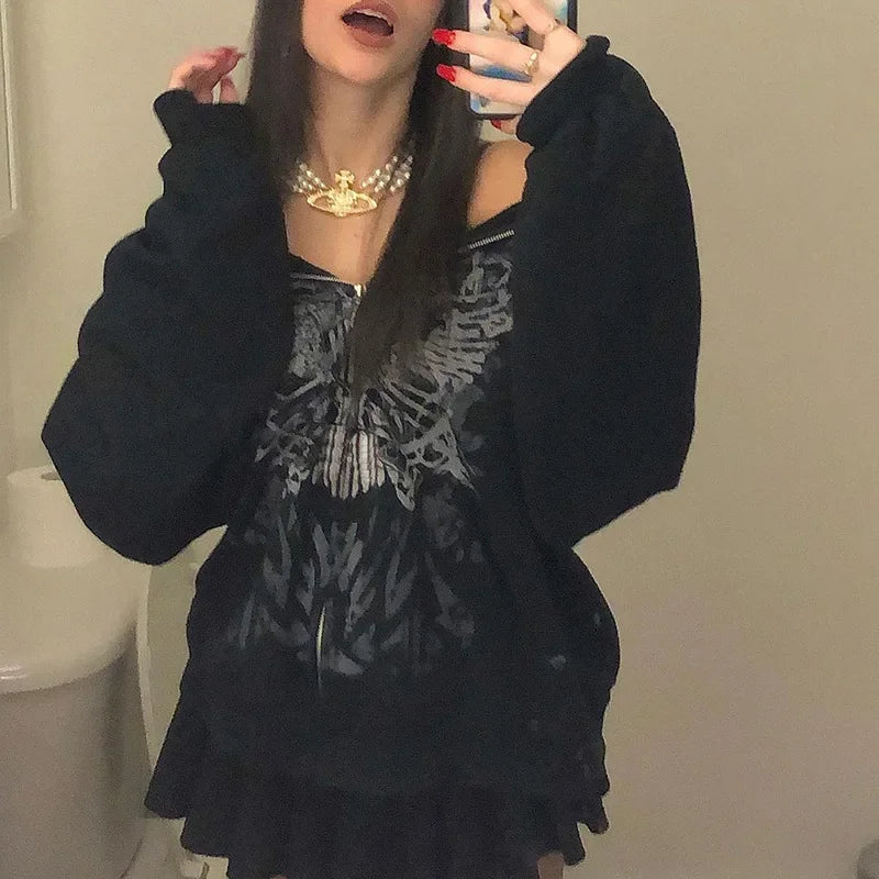 Butterfly Print Oversize Zip Streetwear
