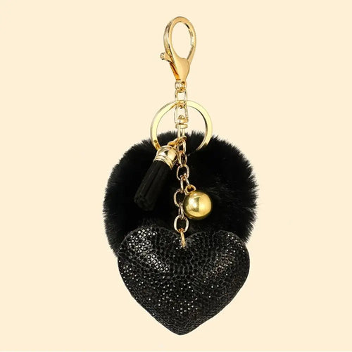 Fashion Fluffy Plush Ball Keychain Faux Fur Pompom Rhinestone Heart