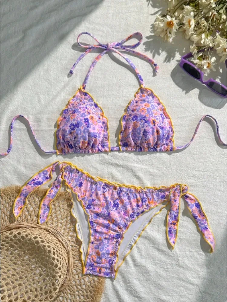 Cute Bikini Set Up Tie Side Thong Swimsuit Bathing Suit