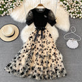 Ele Knitted Me Puffy Dr with Bow Tie round Ne Splice A-Line Midi Skirt for Young Women Summer Commute Sle
