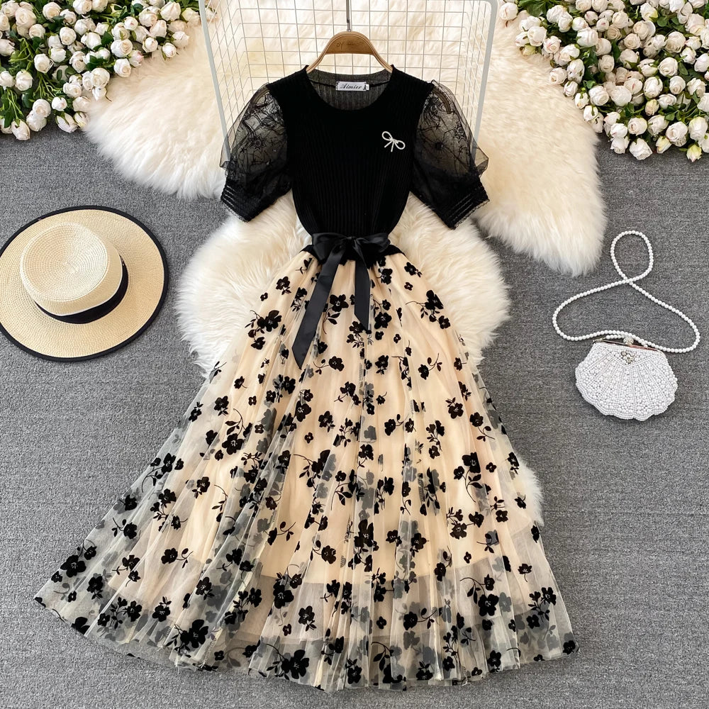 Ele Knitted Me Puffy Dr with Bow Tie round Ne Splice A-Line Midi Skirt for Young Women Summer Commute Sle