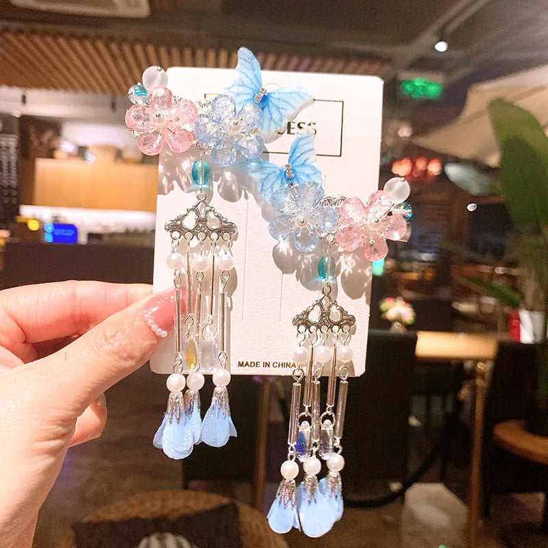 1pair Retro Flower Butterfly Tassel Side Hair Clip Hanfu Style Hair