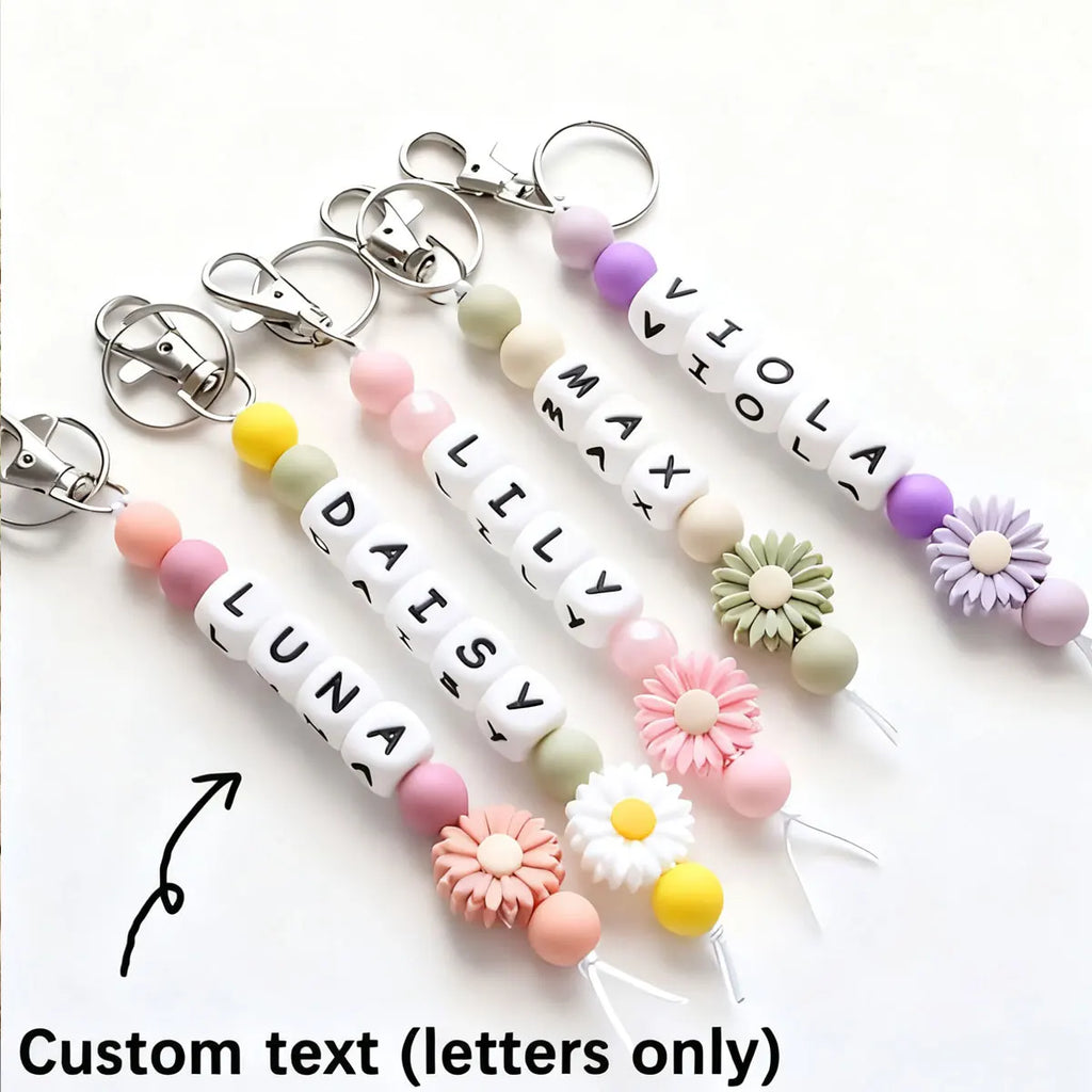 1 personalized custom daisy silicone keychain, beaded keychain,