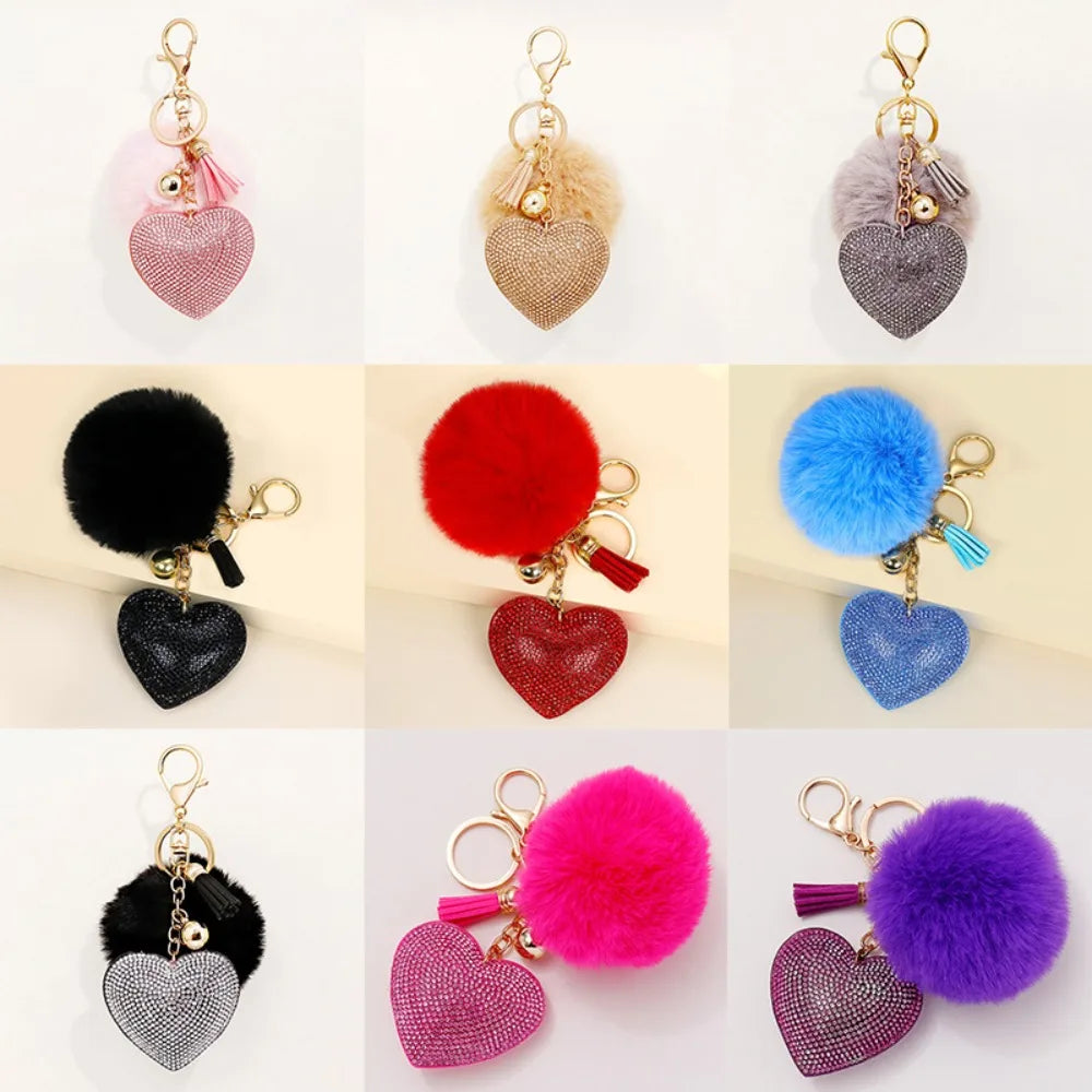 Fashion Fluffy Plush Ball Keychain Faux Fur Pompom Rhinestone Heart