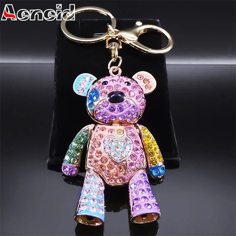 Cute Sweet Colorful Full Crystal Big Bear Key Chain Alloy Rhinestone