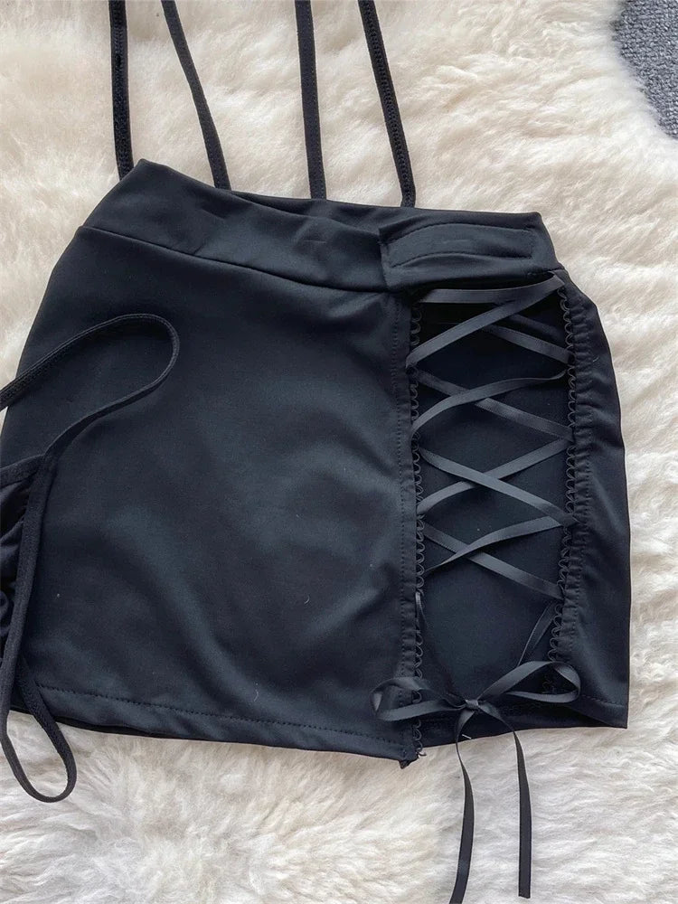 Neck Sheer Top+Lace Up Mini Skirt