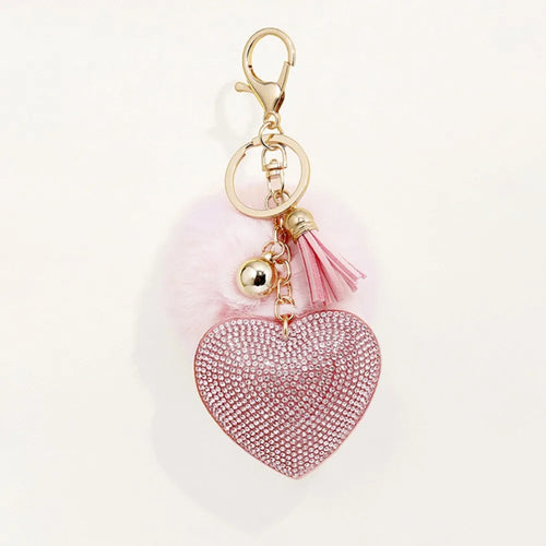 Fashion Fluffy Plush Ball Keychain Faux Fur Pompom Rhinestone Heart