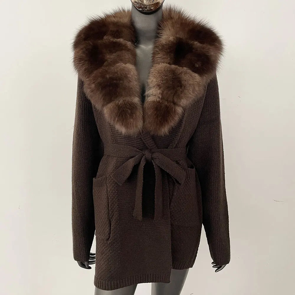 Natural Fox Fur Sweater Belt Knitted Oversized Knitted Cardigan Real Fur