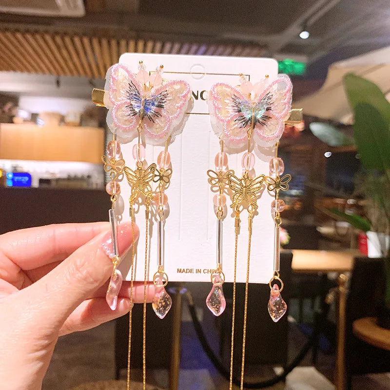 1pair Retro Flower Butterfly Tassel Side Hair Clip Hanfu Style Hair