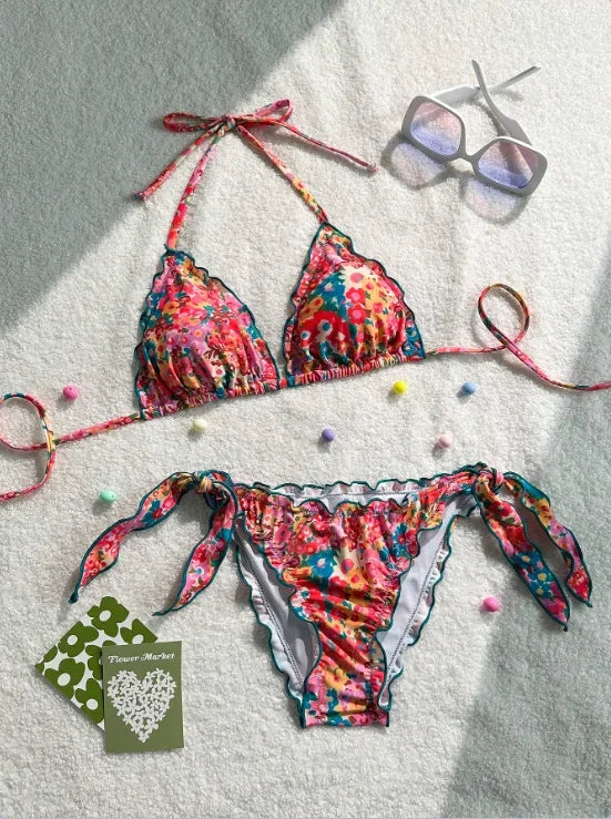 Cute Bikini Set Up Tie Side Thong Swimsuit Bathing Suit