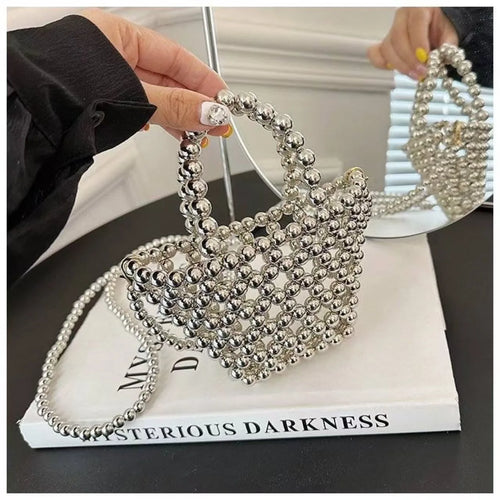Chic Mini Woven Beaded Evening Bag Shiny Metallic Top Handle Shoulder