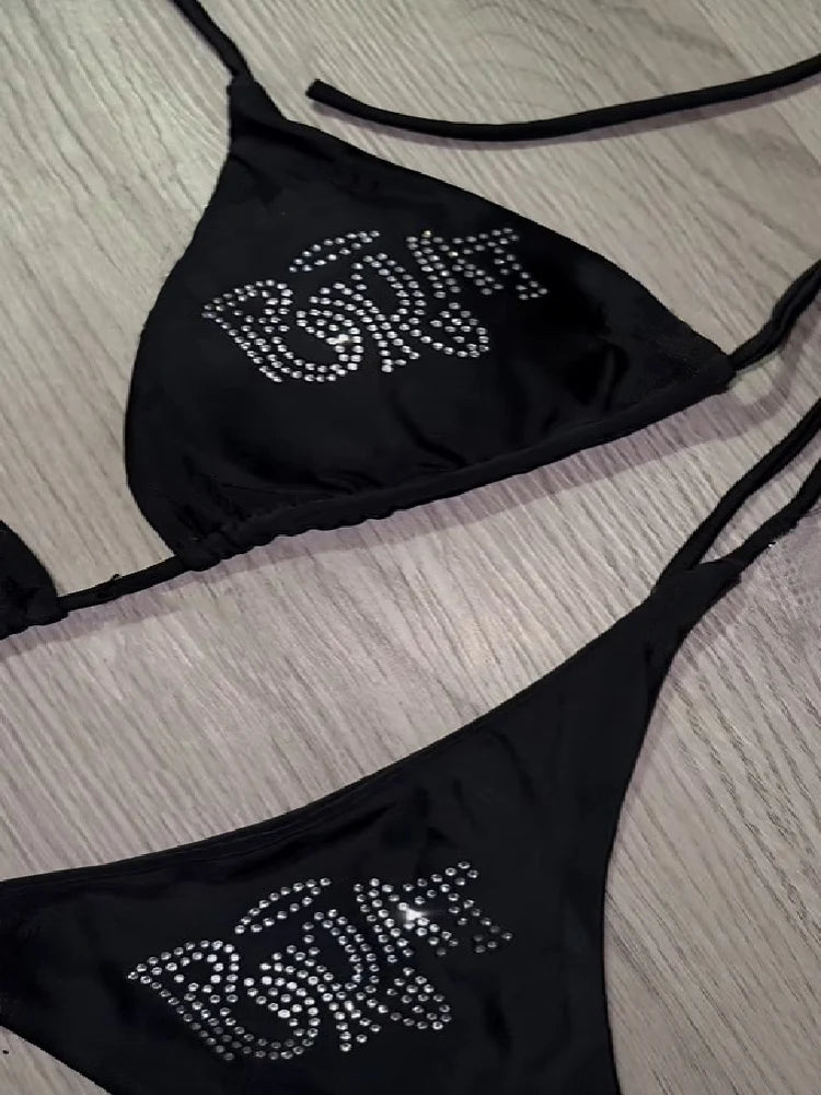 2000s Woman Punk New Beach Swimwear gothic clothes BRAT Rhinestone