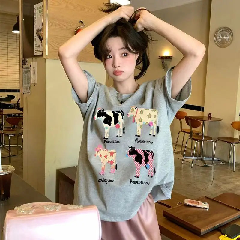 Cute Cartoon Cow Graphic T-shirt Women Unisex Top Casual Loose Y2k