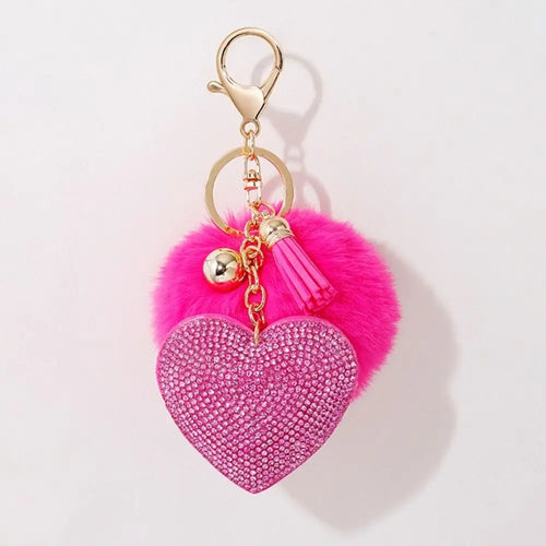 Fashion Fluffy Plush Ball Keychain Faux Fur Pompom Rhinestone Heart