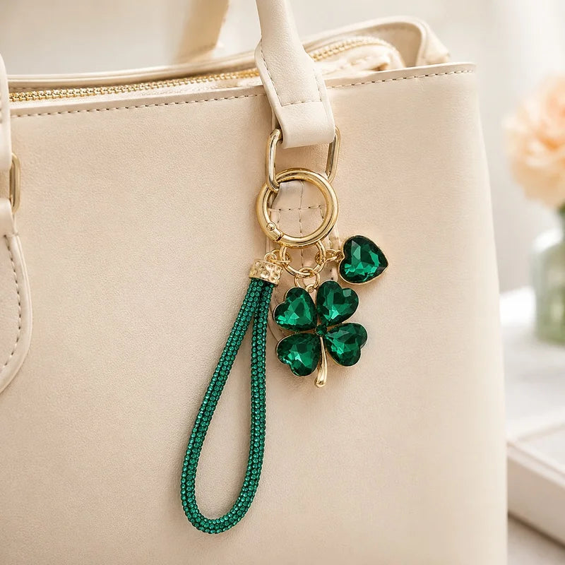 Four Leaf Clover Keychain for Women Rhinestone Bag Charm with Wrist