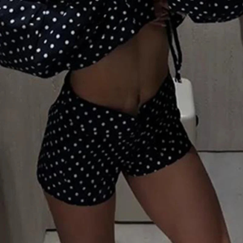 Polka Dot Shorts Set For r Zipper Jacket & High Waist Shorts Lady Chic Outfits
