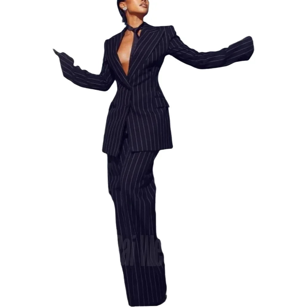 Women Modern Style Peaked Lapel Casual Chic Two Pieces Jacket Pants