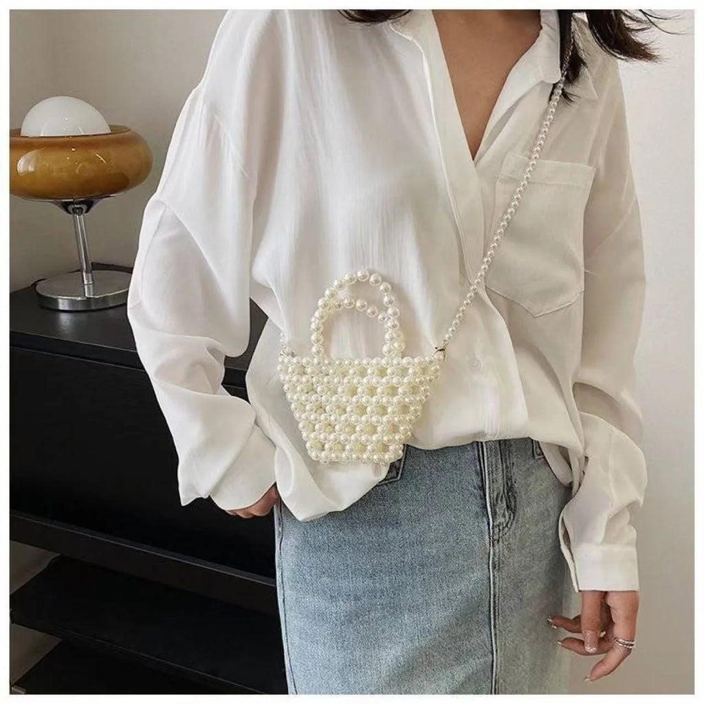 Chic Mini Woven Beaded Evening Bag Shiny Metallic Top Handle Shoulder
