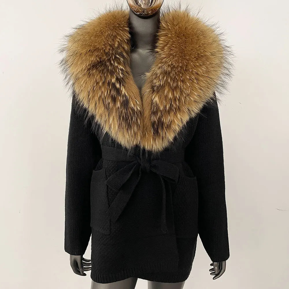 Natural Fox Fur Sweater Belt Knitted Oversized Knitted Cardigan Real Fur