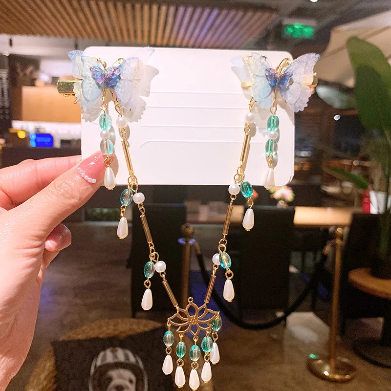 1pair Retro Flower Butterfly Tassel Side Hair Clip Hanfu Style Hair