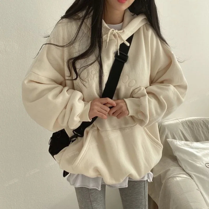 Woman 2025 Autumn and Winter Street Loose Embroidery Casual Hoodies New Plush Hooded Sweatshirt Women Sweatshirts