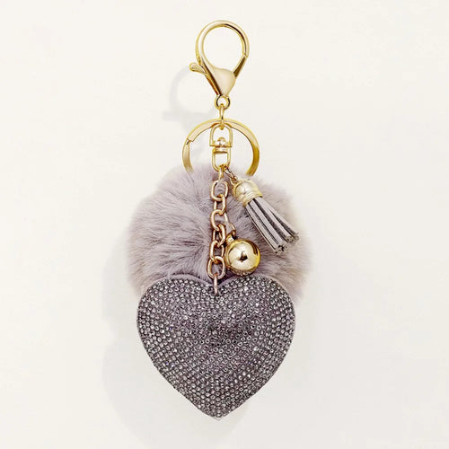 Fashion Fluffy Plush Ball Keychain Faux Fur Pompom Rhinestone Heart