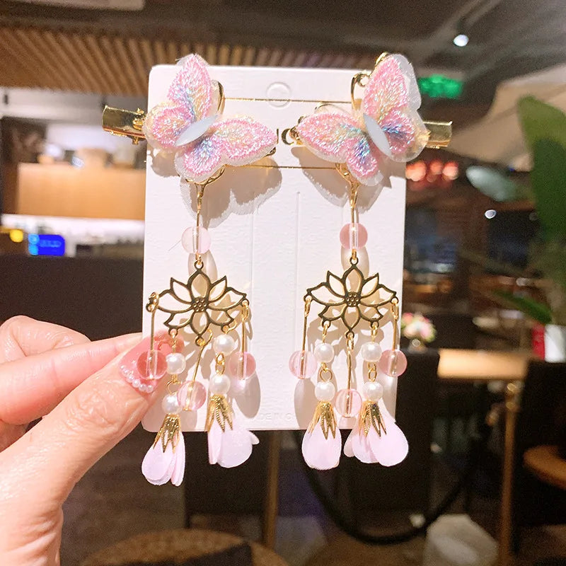 1pair Retro Flower Butterfly Tassel Side Hair Clip Hanfu Style Hair