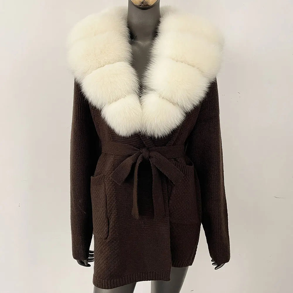 Natural Fox Fur Sweater Belt Knitted Oversized Knitted Cardigan Real Fur