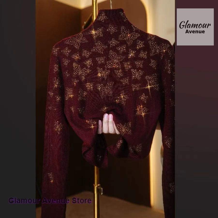 semi-high-necked diamond-encrusted versatile sweater