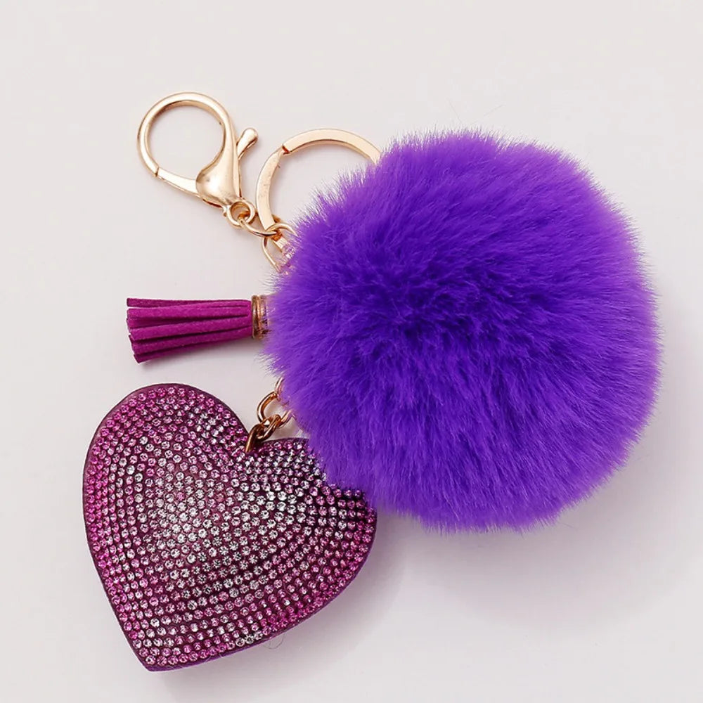 Fashion Fluffy Plush Ball Keychain Faux Fur Pompom Rhinestone Heart