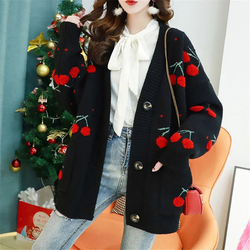 Sweater Cardigan Women Jacket Coat Loose Cherry Embroidery Knitted Cardigan