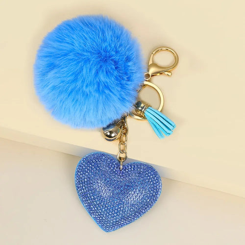 Fashion Fluffy Plush Ball Keychain Faux Fur Pompom Rhinestone Heart
