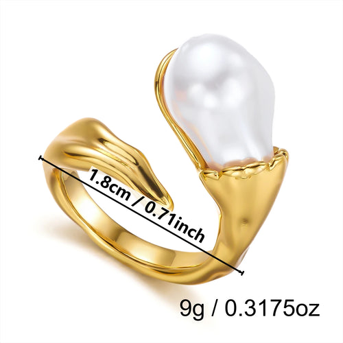 Chunky Vintage Baroque Pearl Gold Ring for Women Waterproof Stainless