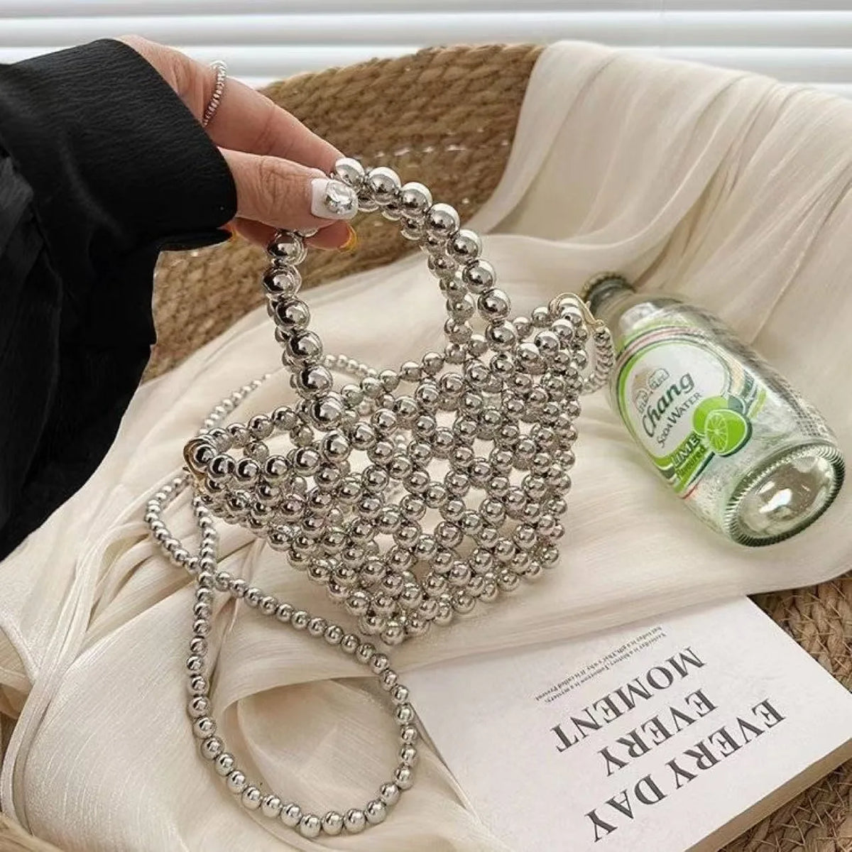 Chic Mini Woven Beaded Evening Bag Shiny Metallic Top Handle Shoulder