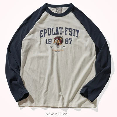 Locomotive Printed T-shirt 100% Cotton Wash Contrast Splicing Casual Tops