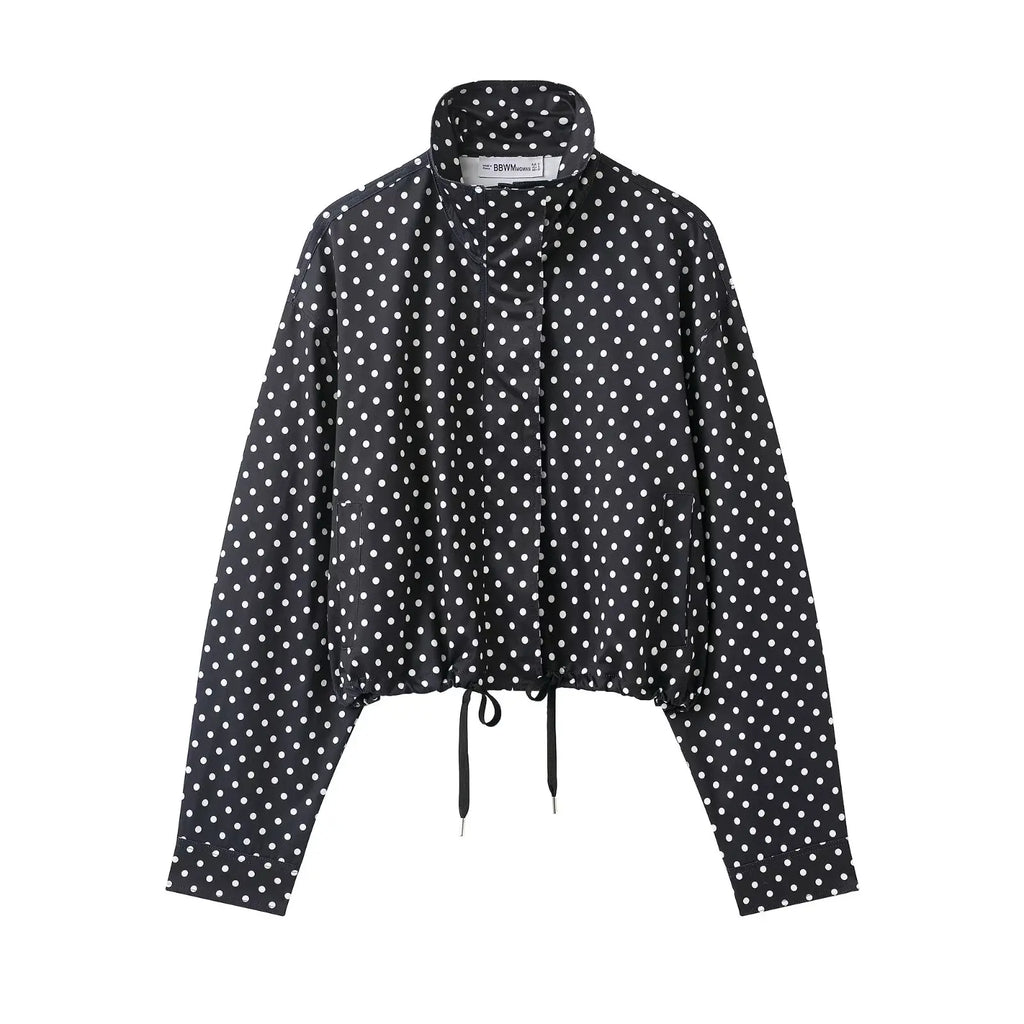 Polka Dot Print Short Long Sleeves Turtleneck Zipper With Pockets Drawstring