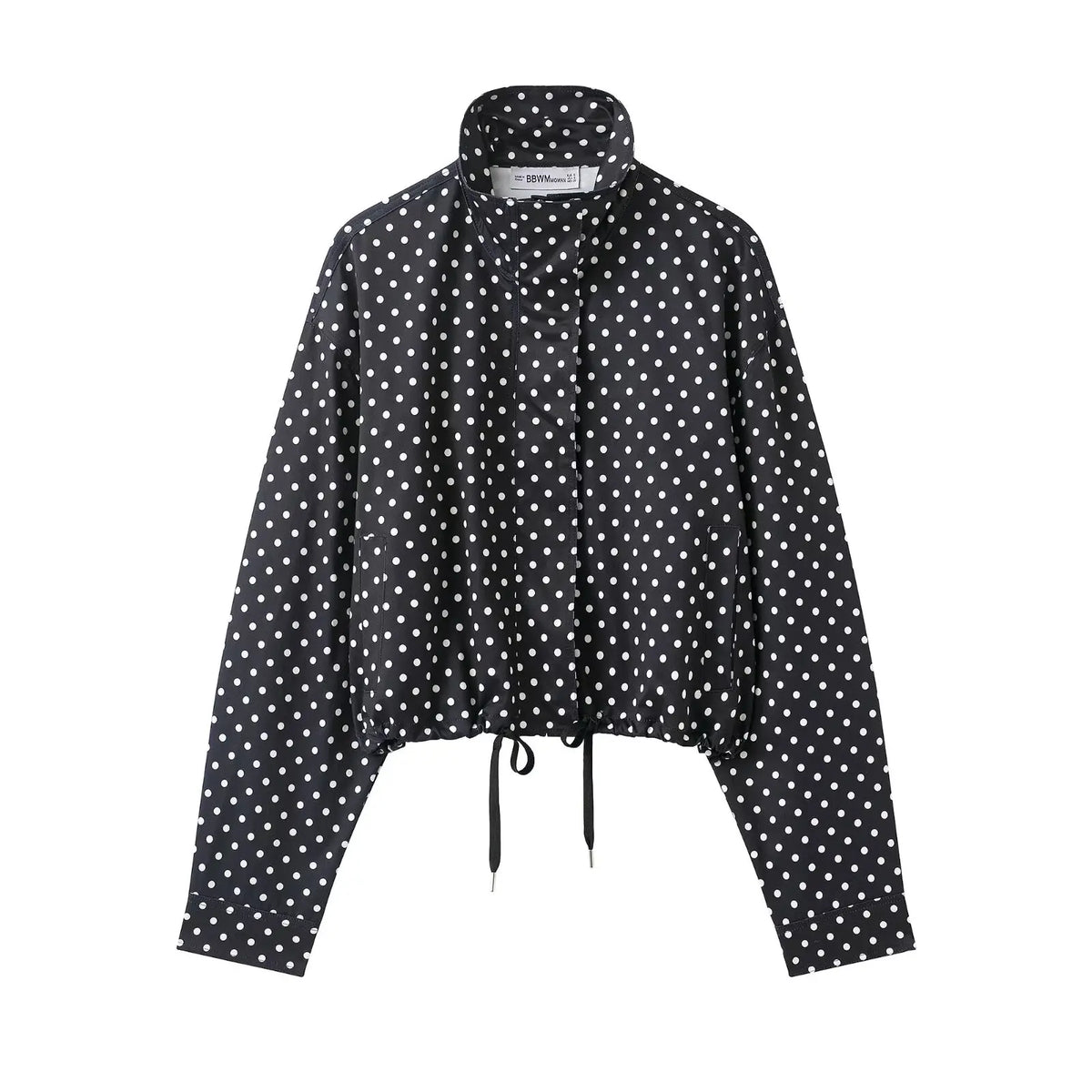 Polka Dot Print Short Long Sleeves Turtleneck Zipper With Pockets Drawstring